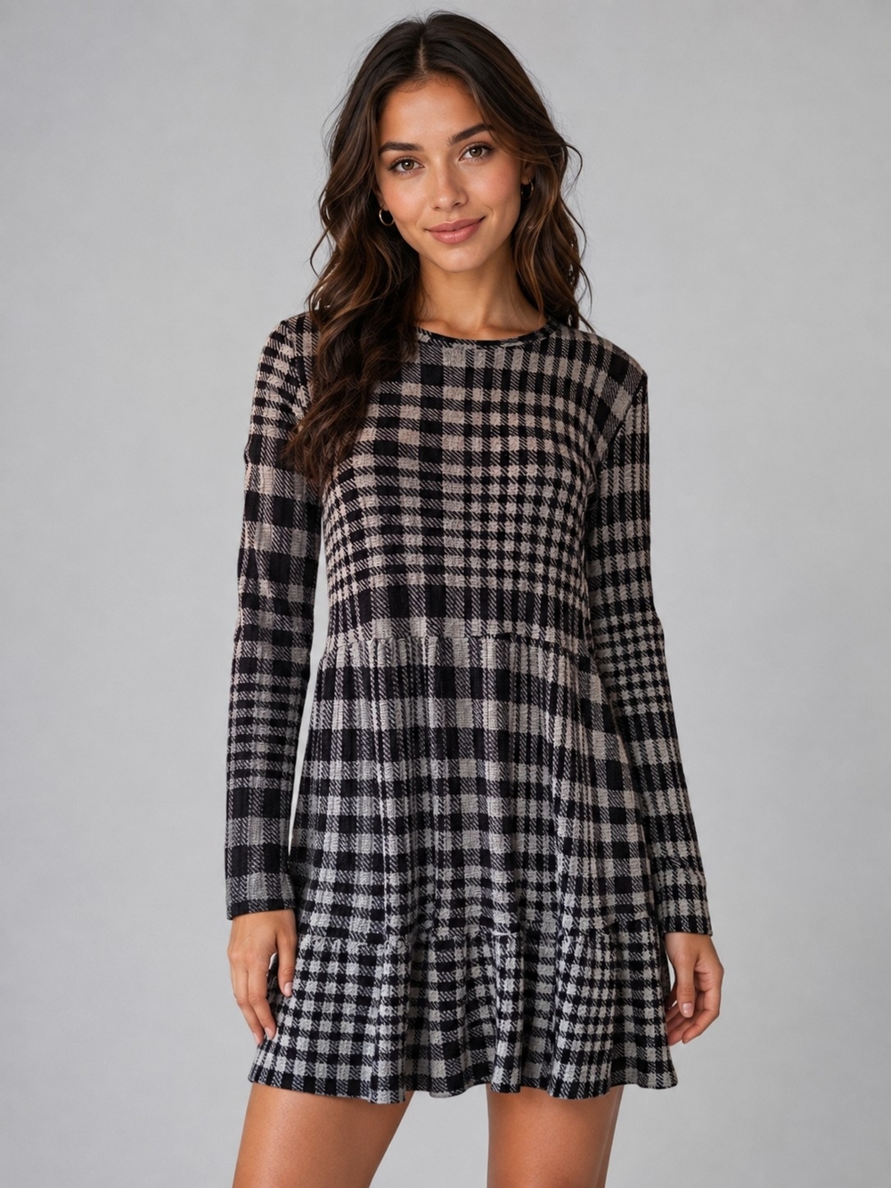 Zara Black and Gray Plaid Long-Sleeve Mini Dress Size Small
